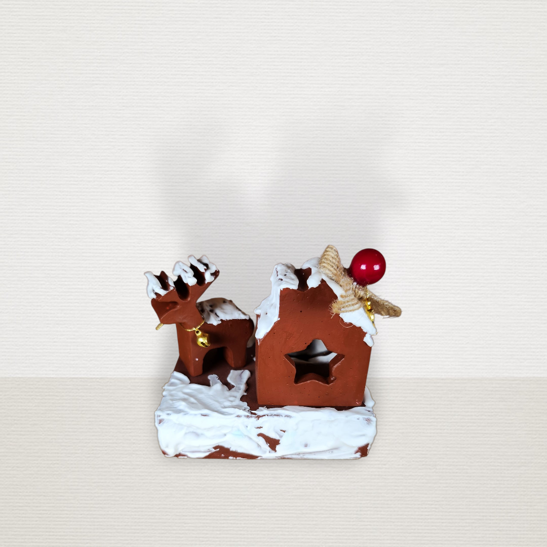 Γούρι Σε Βάση Με Σπίτι & Τάρανδο Μπορντώ CHR2014