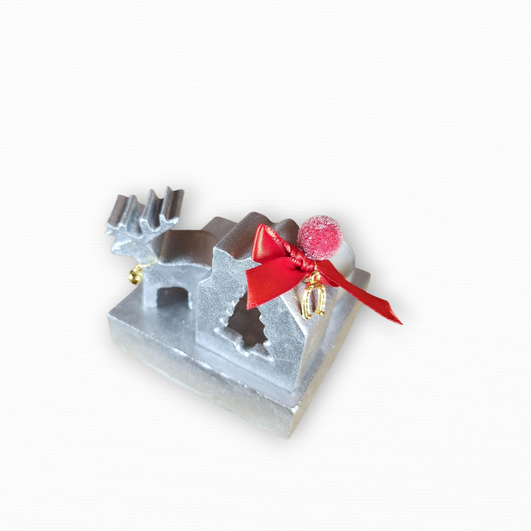 Γούρι Σε Βάση Με Σπίτι & Τάρανδο Ασημί CHR2015